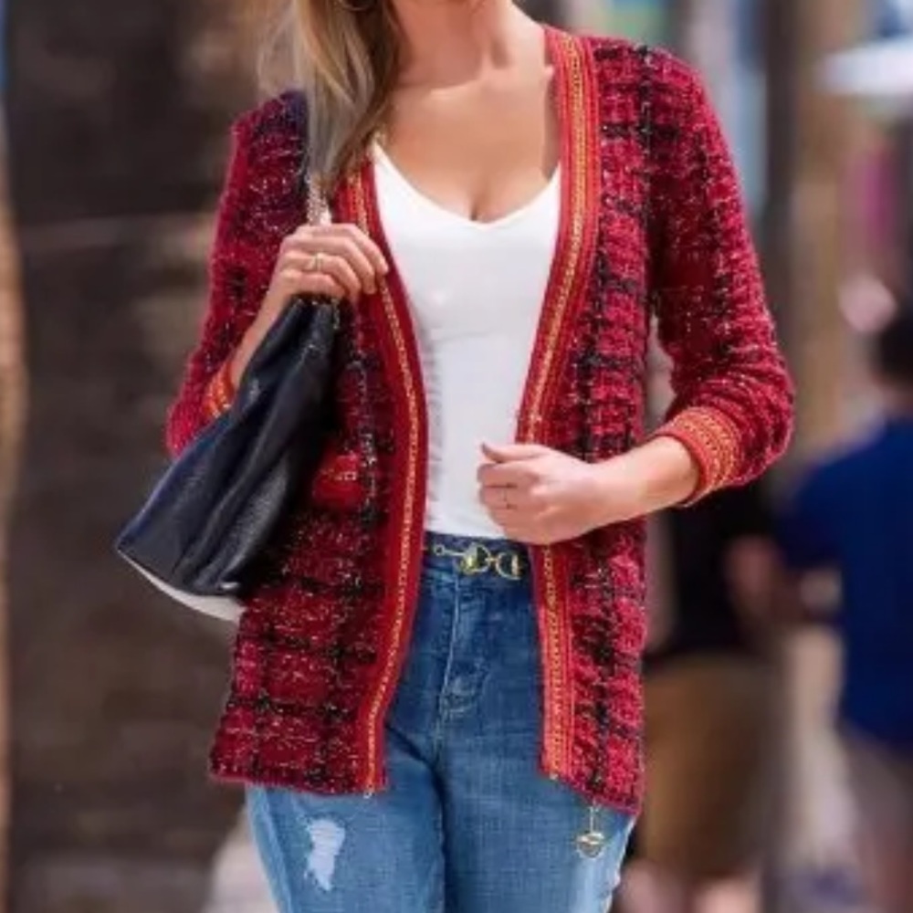 Clichê for Boston Proper tweed chain trim red cardigan ♥️🌹⭐️ - Picture 3 of 13